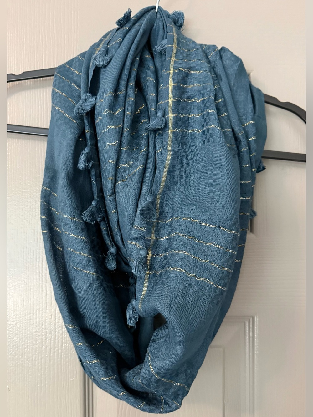 Anthropologie Blue Tasseled Infinity Scarf with Gold Metallic Thread